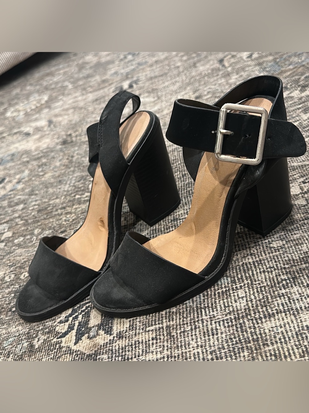 Classic Black Block Heel Sandals with Buckle Strap
